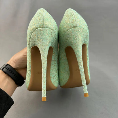 Green Glitter Pointy Toe High Heel Shoes For Women