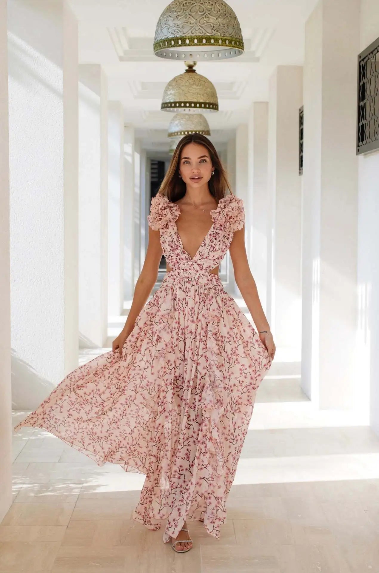 Valentina Floral Dress With Cut Out Ruffle