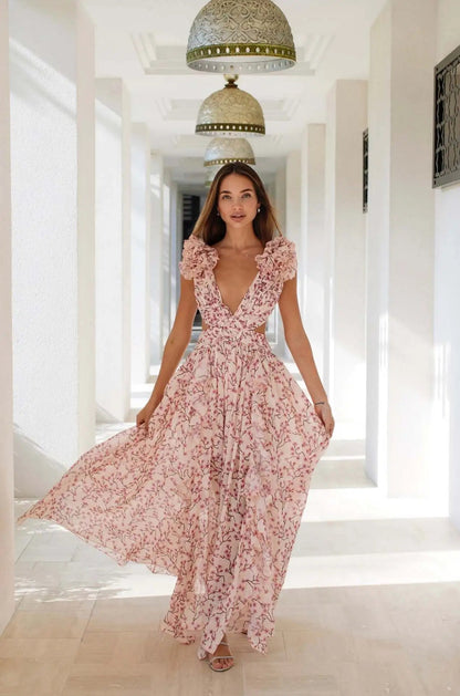 Valentina Floral Dress With Cut Out Ruffle