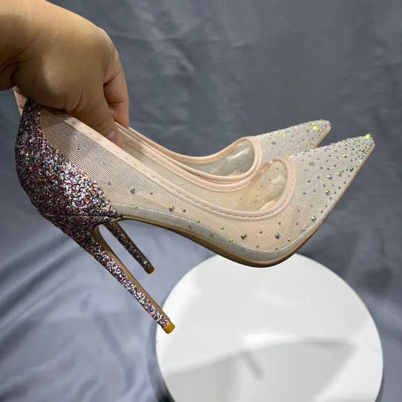 Sequined Gauze Mesh Pointy Toe High Heel Shoes With Glitter