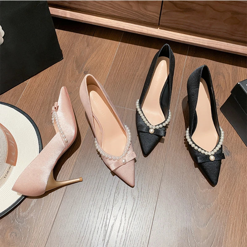 Summer Beaded Shallow Solid Pointed Toe Satin Women’s High Heels