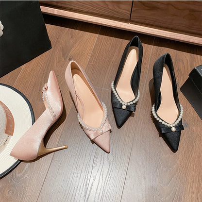 Summer Beaded Shallow Solid Pointed Toe Satin Women’s High Heels