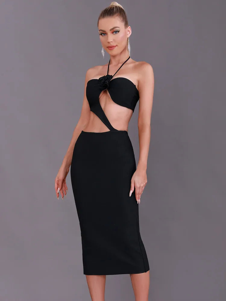 Eudora Bandage Halter Dress With Cut Out Flower Detail