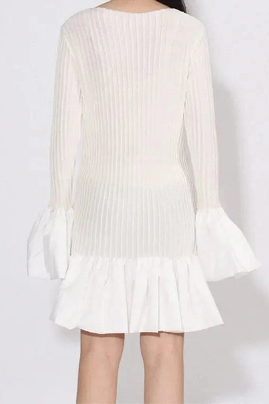 Elegant High Waist Long Sleeve Pleated Mini Dress