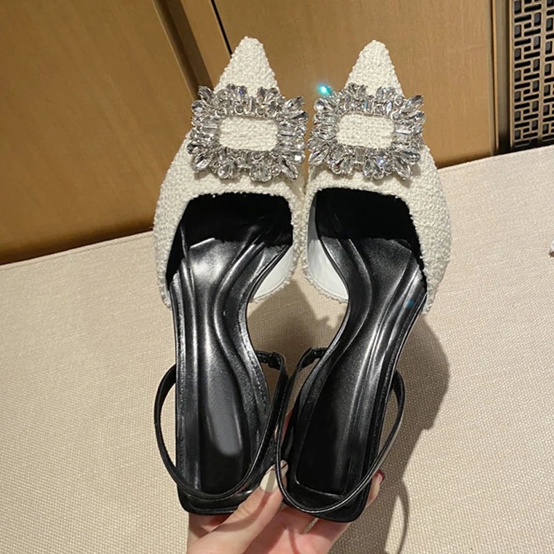 Crystal Buckle Pointed Toe Low Thin Heels Wedding Prom Shoes