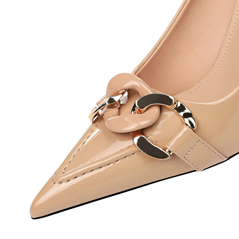 Metal Button Woman Pumps Patent Leather High Heels Sexy Party Shoes Stiletto Luxurious