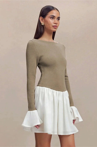 Patchwork High Waist Mini Dress With Long Sleeves