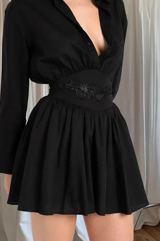 Pleated Long Sleeve A-Line Mini Dress