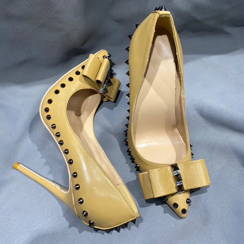 Nude Matte Pointy Toe High Heel Shoes With Spikes Bow