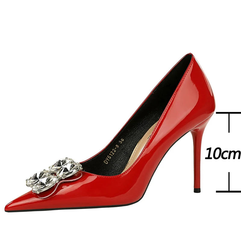 Luxury High Heels With Big Rhinestone Design In Patent Leather For Women