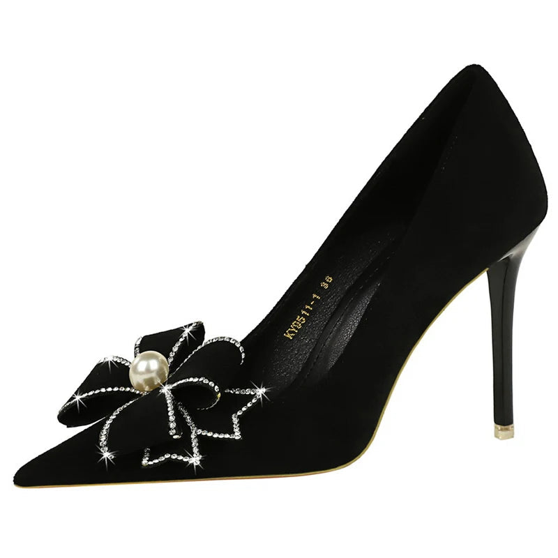 Pearl Bowknot Rhinestone High Heel Pumps In Suede Stilettos For Women - 10.5 Cm