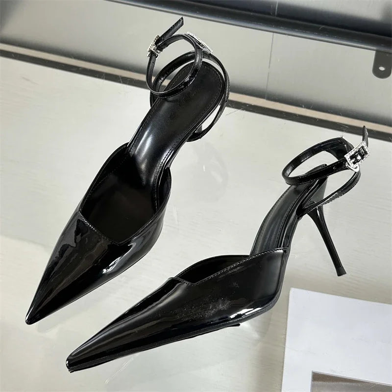 Gold Silver Ankle Buckle Strap Women Pumps with Sexy Pointed Toe and Thin High Heels