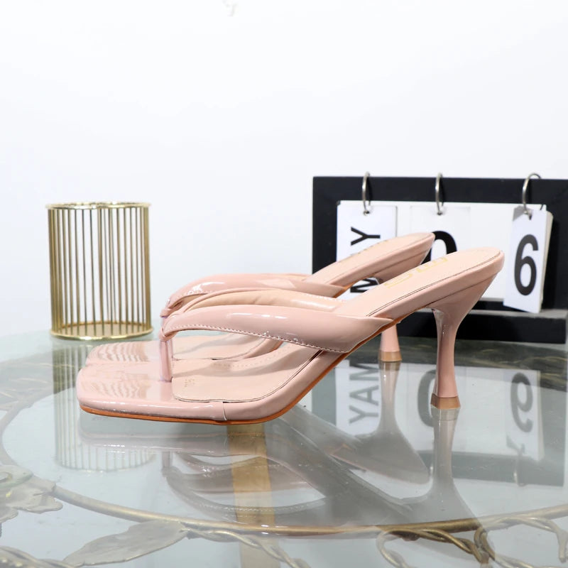 Patent Leather High-Heeled Flip Flops For Women In Summer
