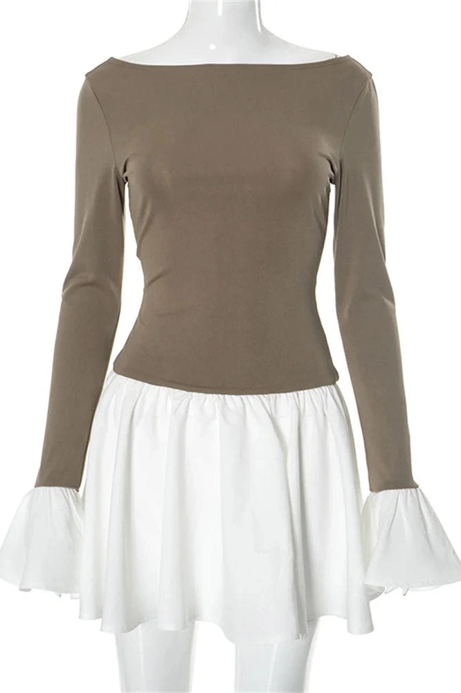 Patchwork High Waist Mini Dress With Long Sleeves