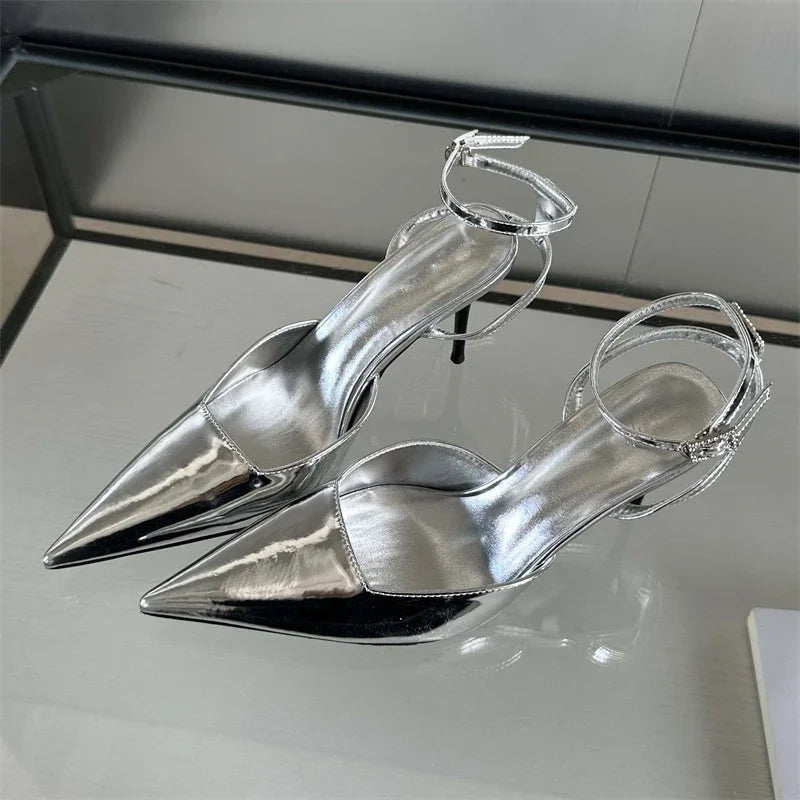 Gold Silver Ankle Buckle Strap Women Pumps with Sexy Pointed Toe and Thin High Heels