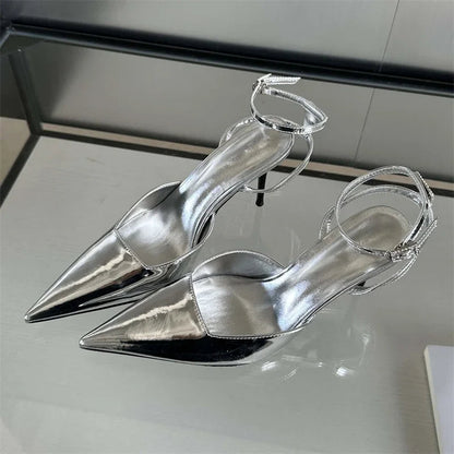Gold Silver Ankle Buckle Strap Women Pumps with Sexy Pointed Toe and Thin High Heels