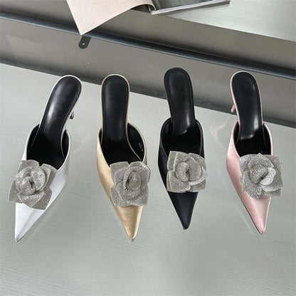 Crystal Flower Silk Pointed Toe Slippers For Women