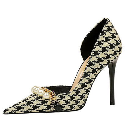 Spring Pearl Metal Chain High-Heels Checked Grain Stilettos Women