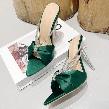 Green Silk Crystal Mule High Heels Slippers Sandals