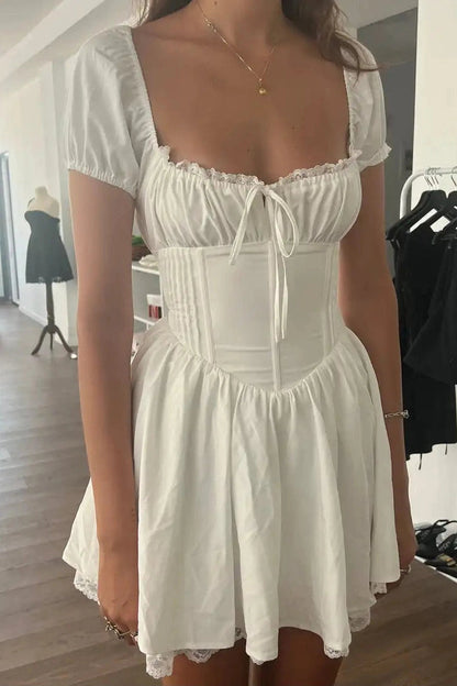 Puff Sleeve Lace Backless A-Line Mini Dress