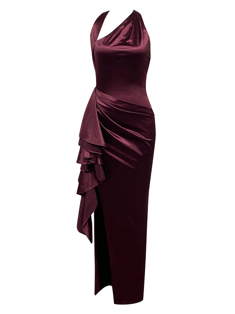 Burgundy High-Low Shirley Halter Dress