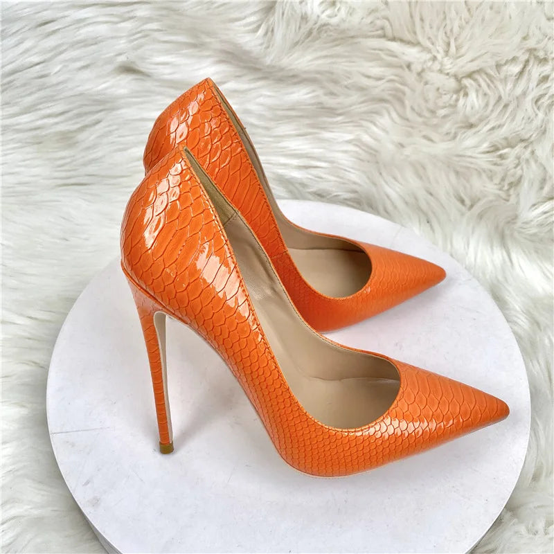 Orange Crocodile Effect Women Pointy Toe High Heel Shoes