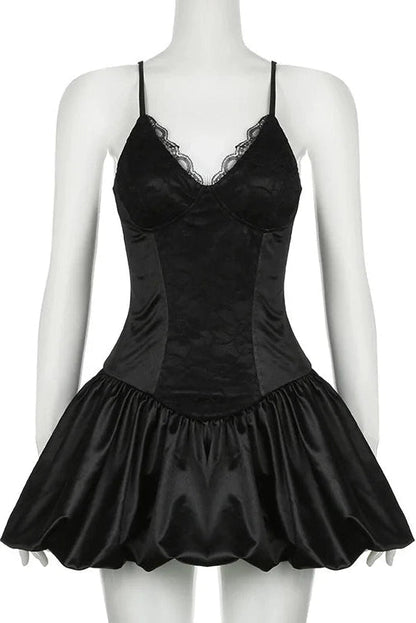 V-Neck Lace Patchwork Sleeveless Mini Dress With High Waist Slim Fit