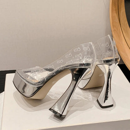 Silver Crystal Rhinestone Platform Pumps With Transparent High Heels