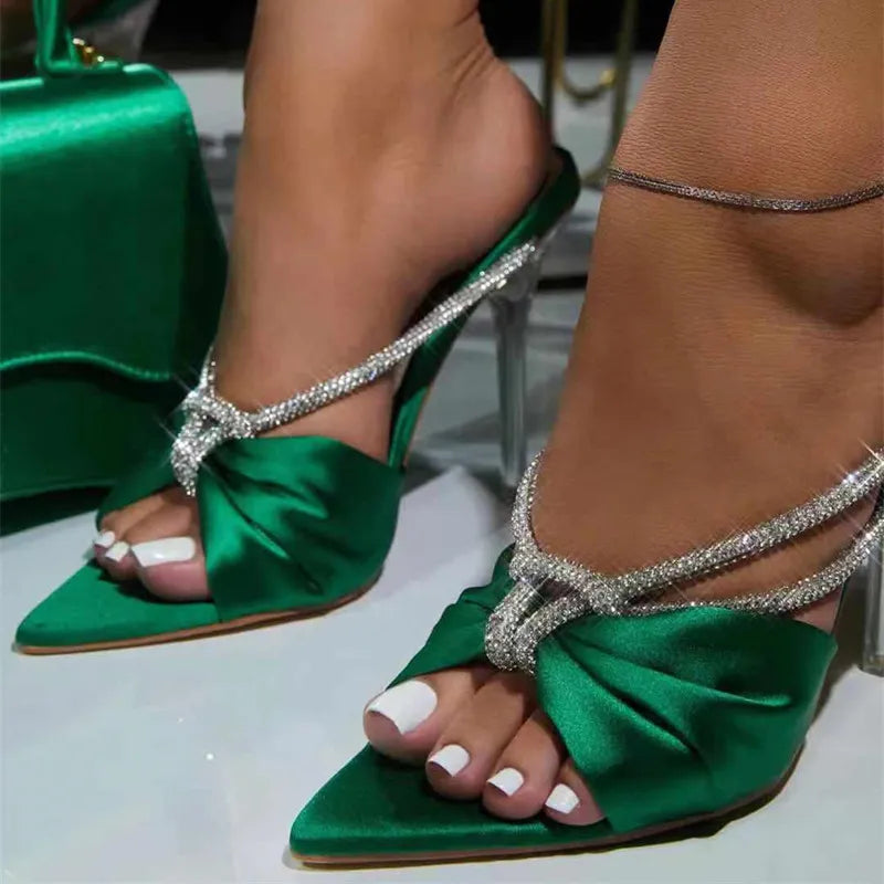 Green Silk Crystal Mule High Heels Slippers Sandals