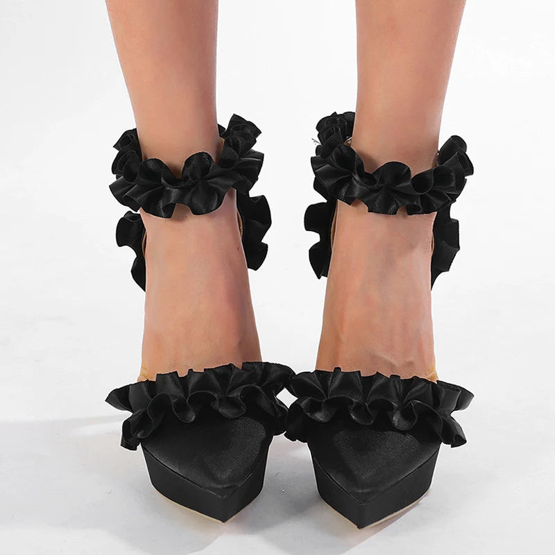 Silk Ankle Strap Platform Pumps With Pleated Design