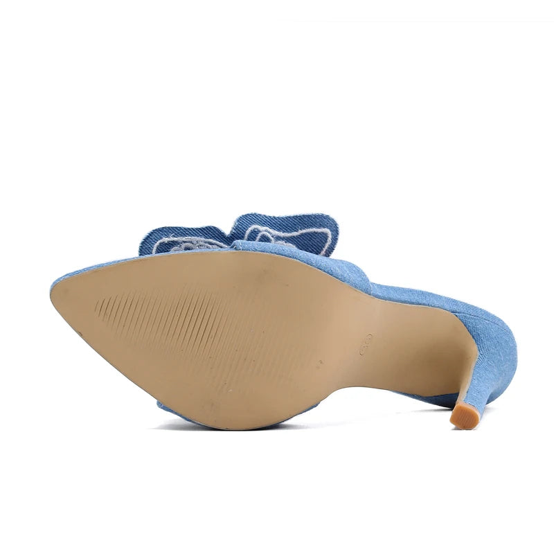 Denim Butterfly Flower Thin Heels Slipper For Women