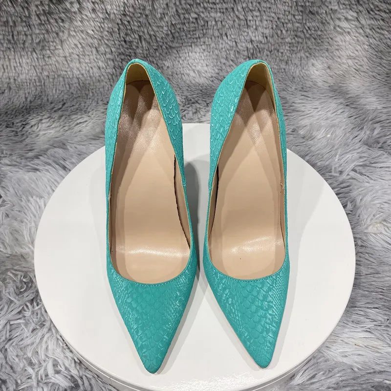 Mint Green Crocodile Effect Pointy Toe High Heel Shoes For Women