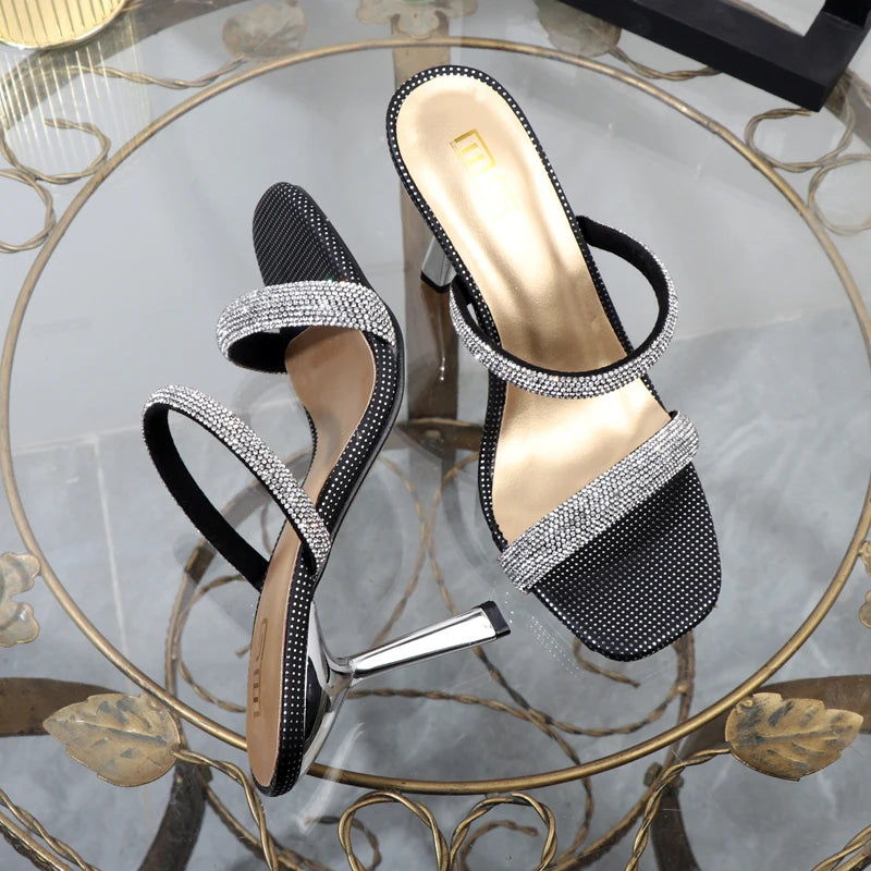 Wave Point Rhinestone Slippers With 9.5Cm High Heels Open Toe Perfect For Outdoor Wear.