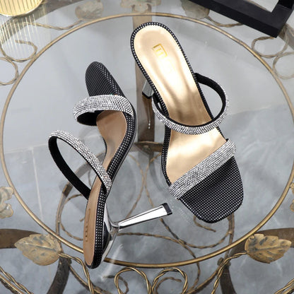 Wave Point Rhinestone Slippers With 9.5Cm High Heels Open Toe Perfect For Outdoor Wear.