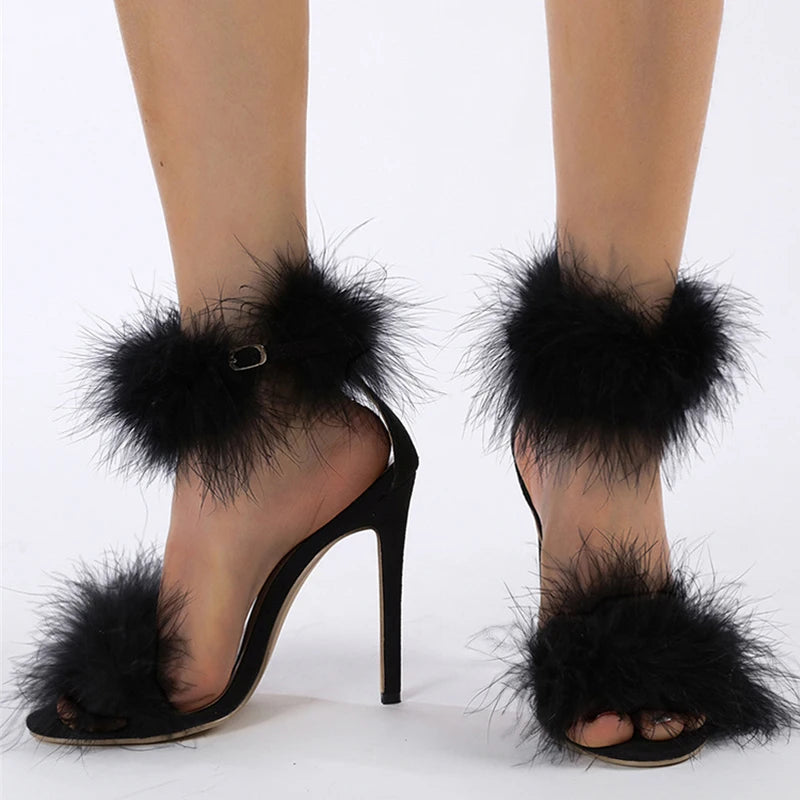 Faux Fur Ankle Strap Sandals For Women