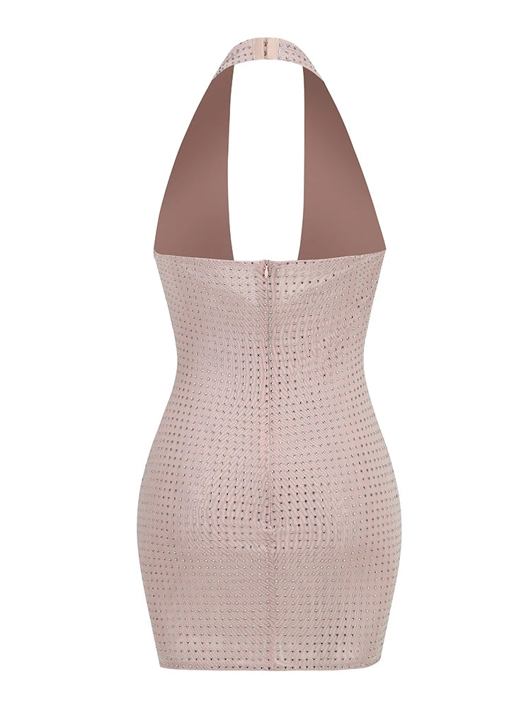 Sparkling Elegant Rhinestone Mesh Halter Backless Party Dress