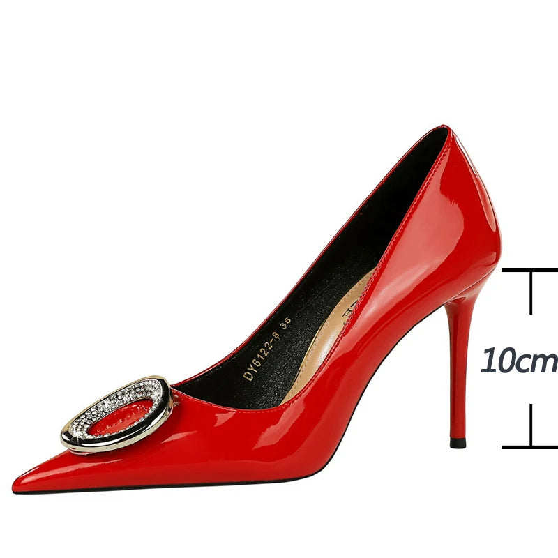 Red Women Pumps With Metal Buckle High Heels Stilettos For Luxury Banquets