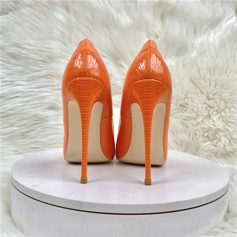 Orange Crocodile Effect Women Pointy Toe High Heel Shoes