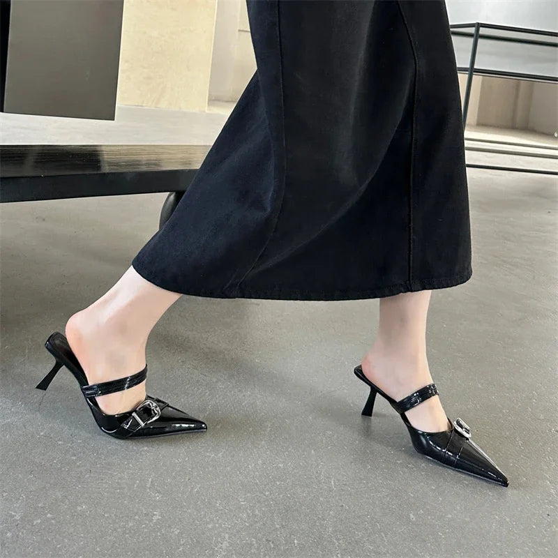 Buckle Strap Thin Heel Pointed Toe Spring Slippers For Women