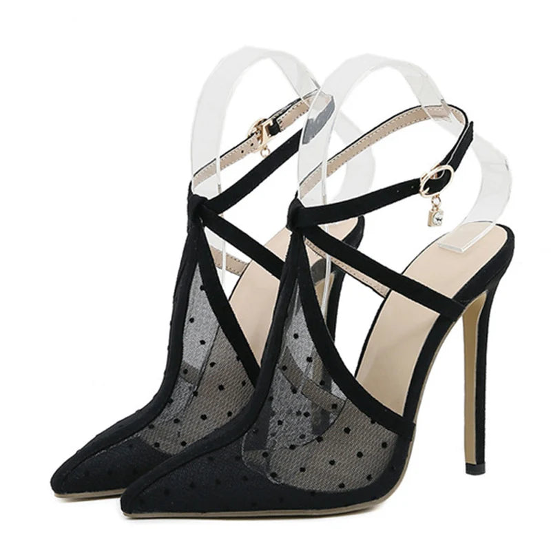 Black Mesh Pointed Toe Stiletto High Heels Sandals