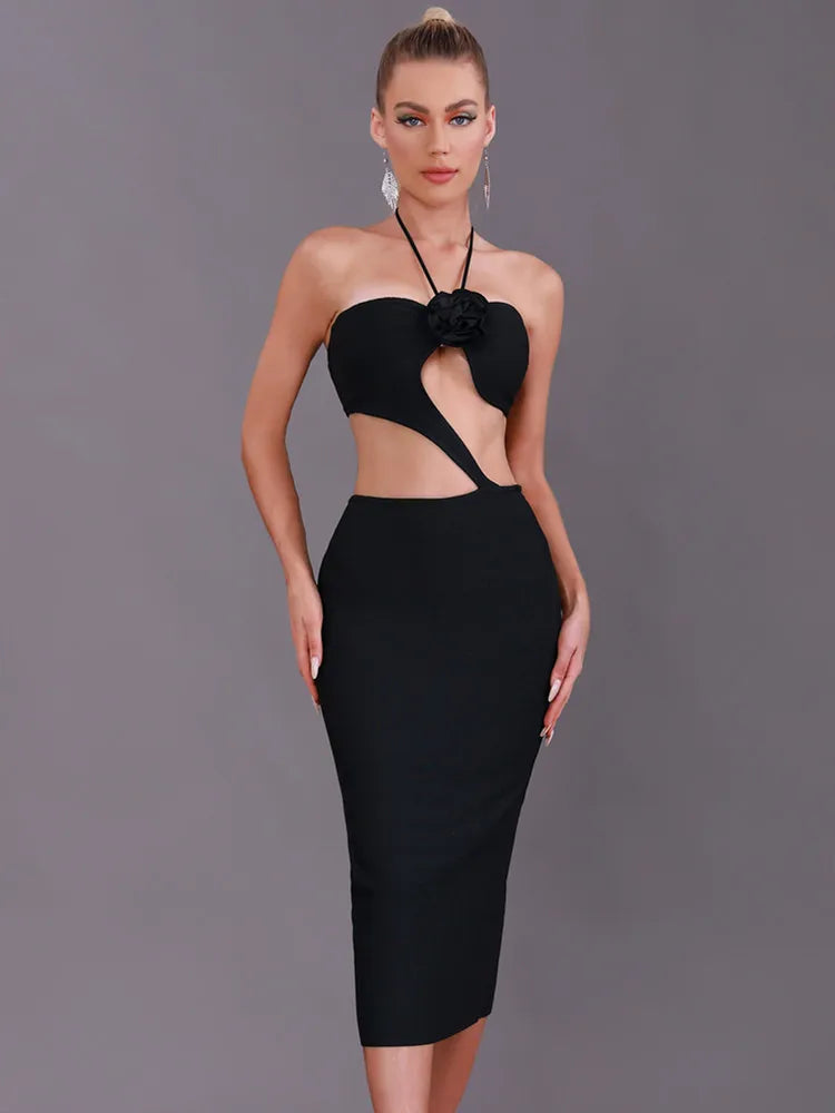 Eudora Bandage Halter Dress With Cut Out Flower Detail Black / Xs