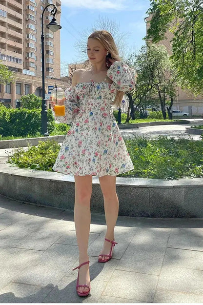 Floral Lantern Sleeve Mini Dress