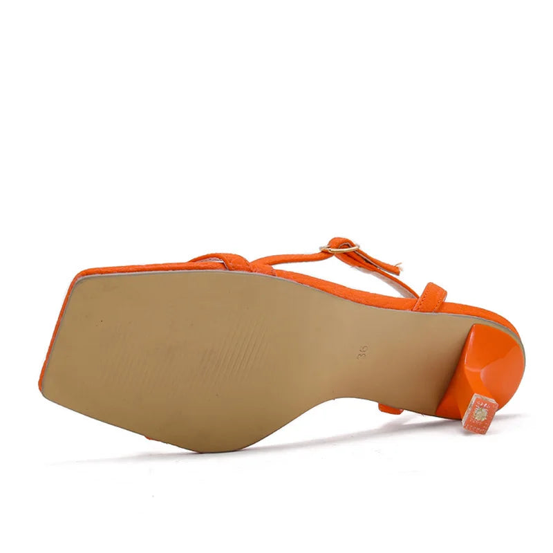 Square Toe Orange Sandals With Thin Low Heel