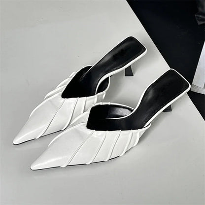 Spring Elegant Pleated Women Slipper With Sexy Pointed Toe And Thin Low Heels