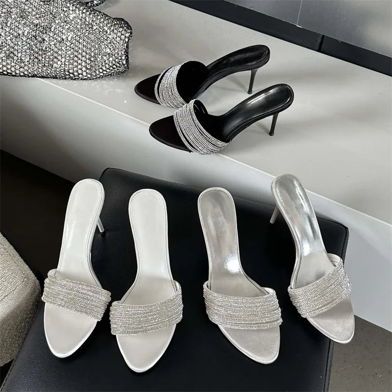 Crystal Women’s Summer Street Narrow Band Thin High Heel Slippers