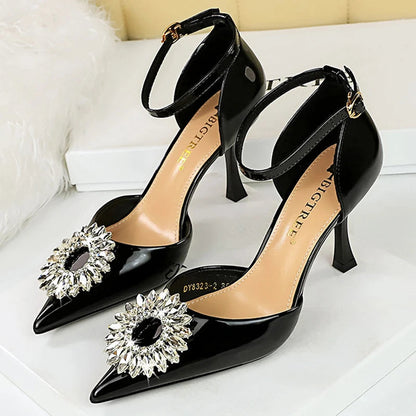 Rhinestone High Heel Buckle Pumps In Patent Leather For Women - Sexy Party Shoes