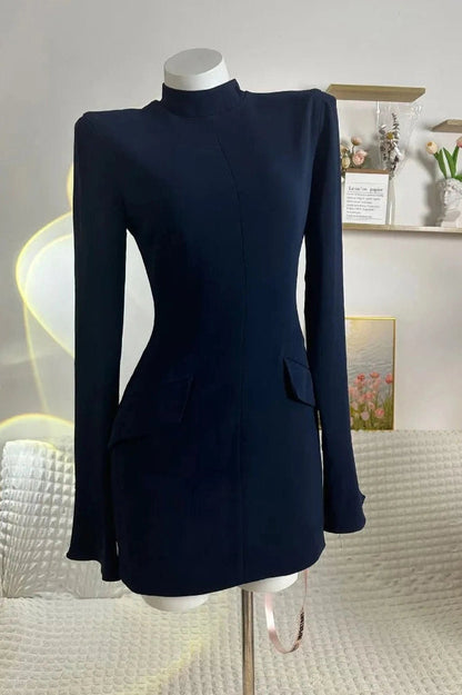 Patchwork Mini Dress With Long Slee-Sleeve And High Waist