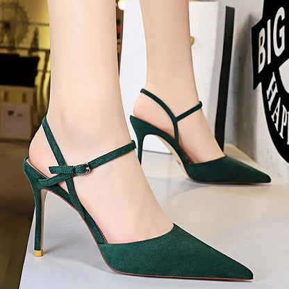 Suede Women Sandals Pointed Toe High Heels Summer Hollow Out