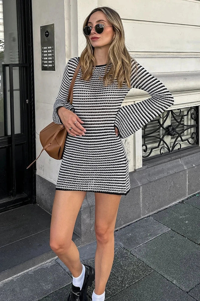 High Waist Striped Flare Sleeve Mini Dress