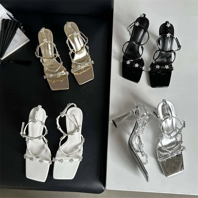 Crystal Buckle Strap Sandals Womens High Heels Shoes